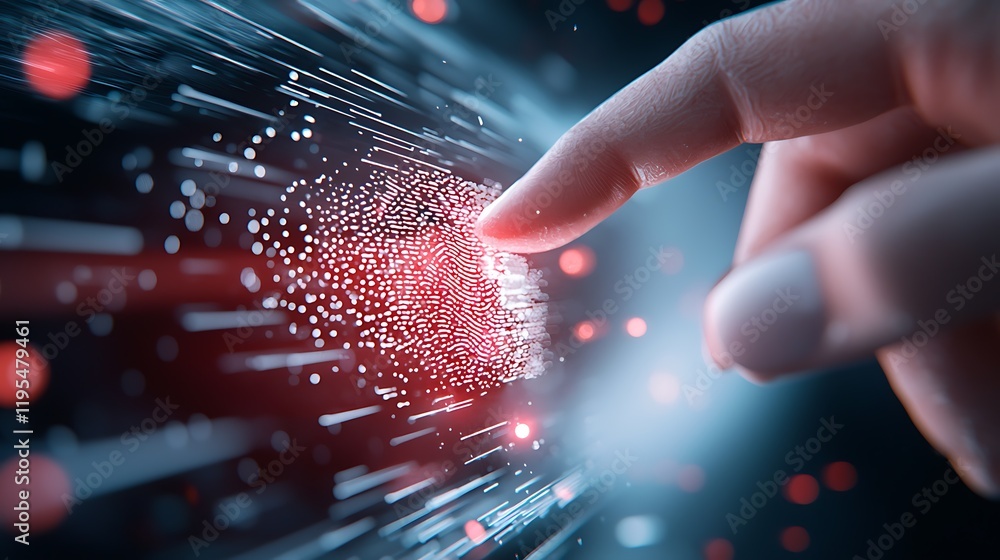 Poster glitching digital fingerprint scanner amid cyber breach concept abstract technology background with 