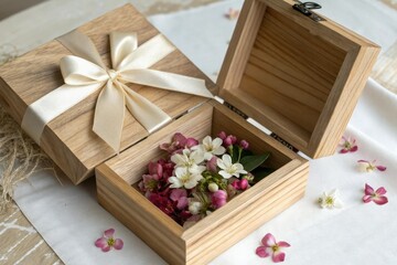 Fototapeta premium A beautifully crafted wooden gift box with a satin ribbon tied in a bow and a delicate flower arrangement inside, gift box, decoration
