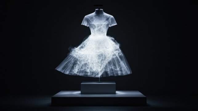 Ethereal light dress floating in dark minimalist gallery space