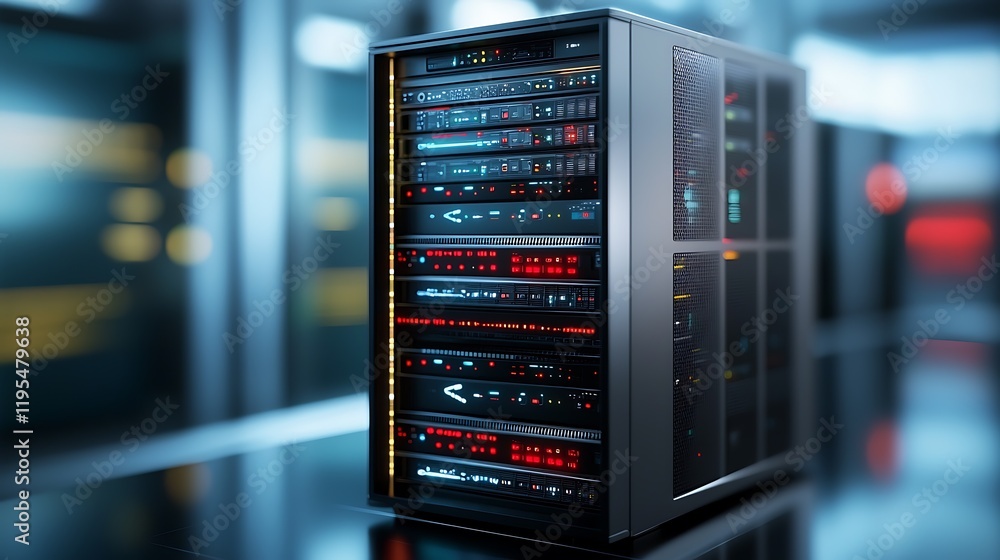 Poster glowing ai controlled media server racks in a futuristic datacenter modern technology infrastructure
