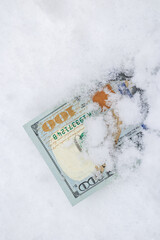 US 100 dollar banknote on the snow