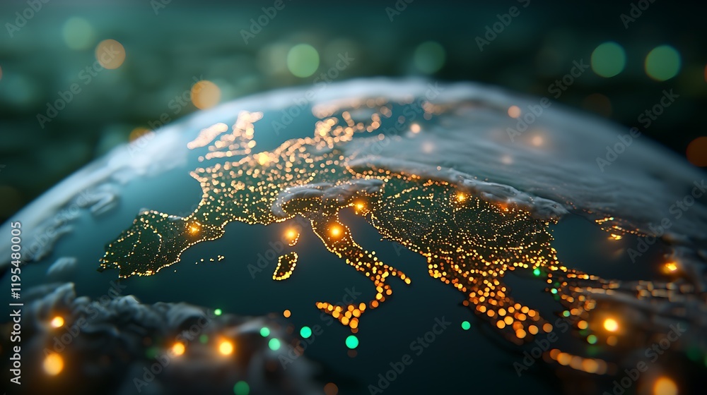 Poster glowing and illuminated visualization of a futuristic global media distribution system depicting the