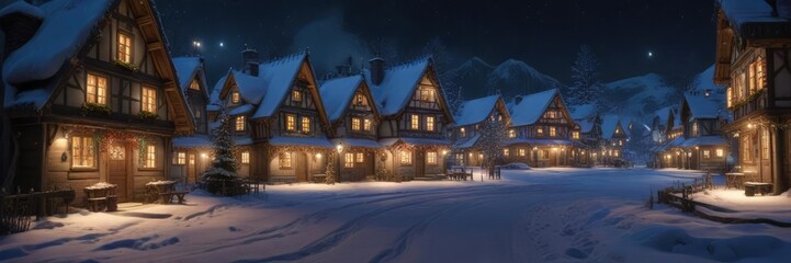 A beautifully decorated winter village scene at night, frosty evening, peaceful landscape