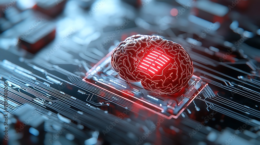 Poster glowing brain with breached circuits digital futuristic abstract technology concept showcasing innov