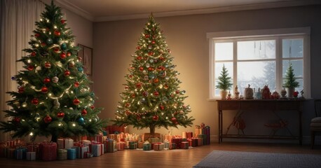 A beautifully lit Christmas tree with an assortment of ornaments and garlands, winter wonderland, ornamental decorations