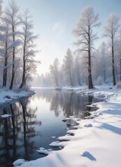 A beautiful winter landscape with snow-covered trees and frozen lake, winter landscape, serene atmosphere, peaceful surroundings