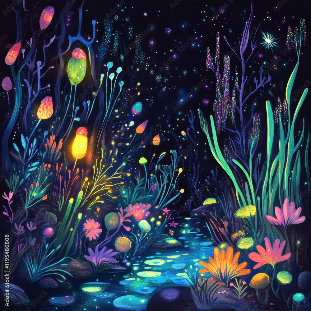 Leinwandbilder discover a vibrant microscopic ecosystem filled with friendly microbes glowing in a magical setting.