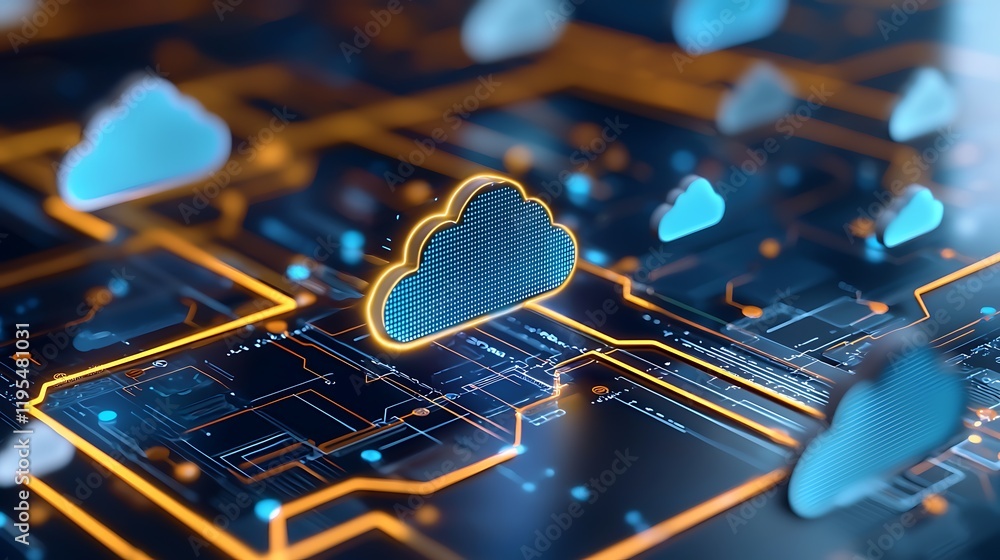 Poster glowing cloud server grid towering over a dark futuristic cityscape representing the advanced digita