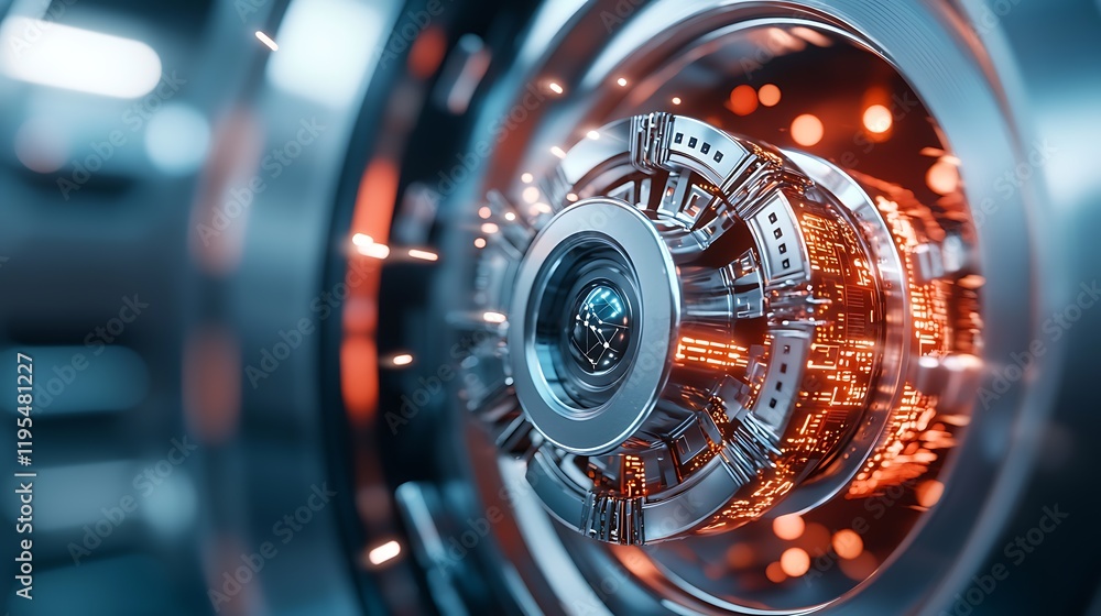 Poster glowing cyber vault with breached circuits and fragmented 3d design abstract futuristic technology b