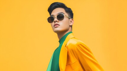 Obraz premium Vibrant Portrait of a Confident Man in Modern Style Against Minimalist Background