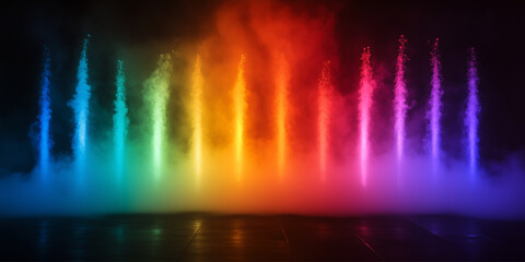 Multi-colored rainbow smoke shoots from bottom to top on a black background. Neon glowing. Dark night. Colorful backdrop.