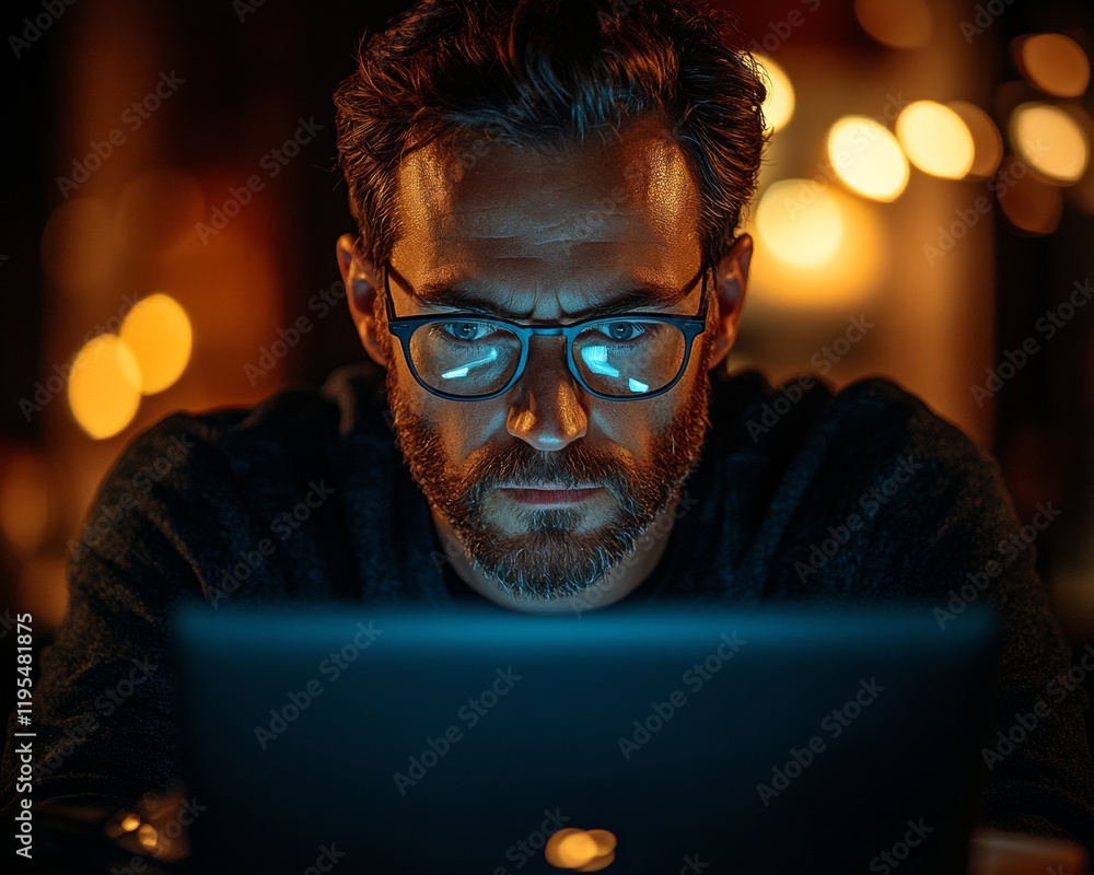 Poster focused cybersecurity training man typing on laptop in dark room with encrypted screen