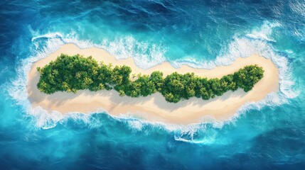 Aerial view of a tropical island surrounded by turquoise ocean waves