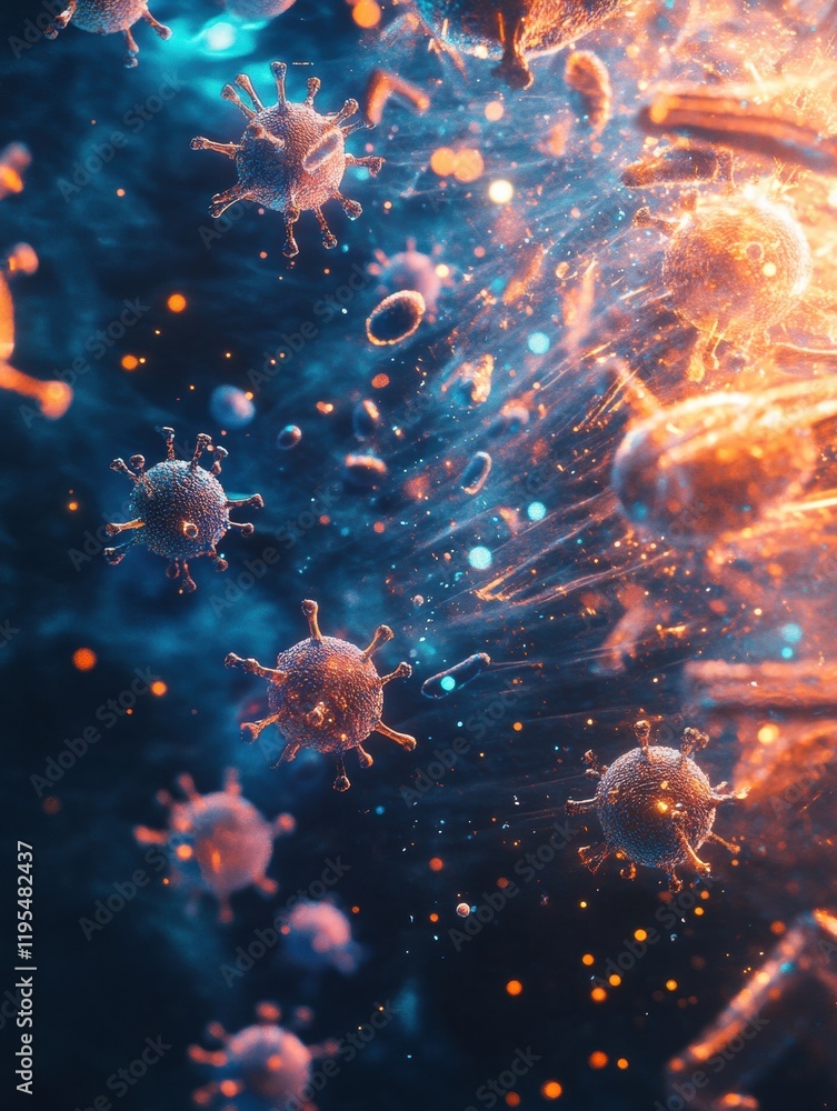 Poster Visualization of antibodies targeting pathogens in a dynamic and colorful immune response. Generative AI