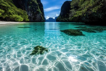 Obraz premium crystal-clear turquoise lagoon surrounded by towering limestone cliffs and lush greenery, reflecting sunlight patterns on the sandy bottom, offering a serene tropical paradise