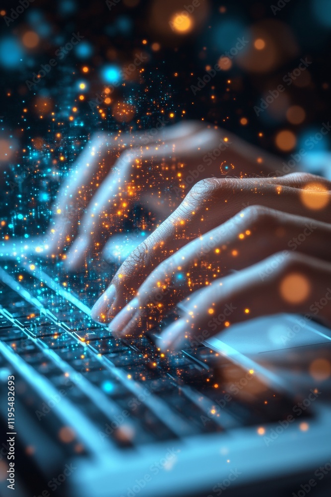 Poster futuristic typing digital holograms and sleek white keyboard in low-light