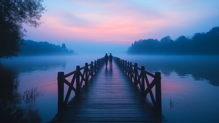 Fototapeta premium Serene Morning Romance on a Misty Lake Bridge