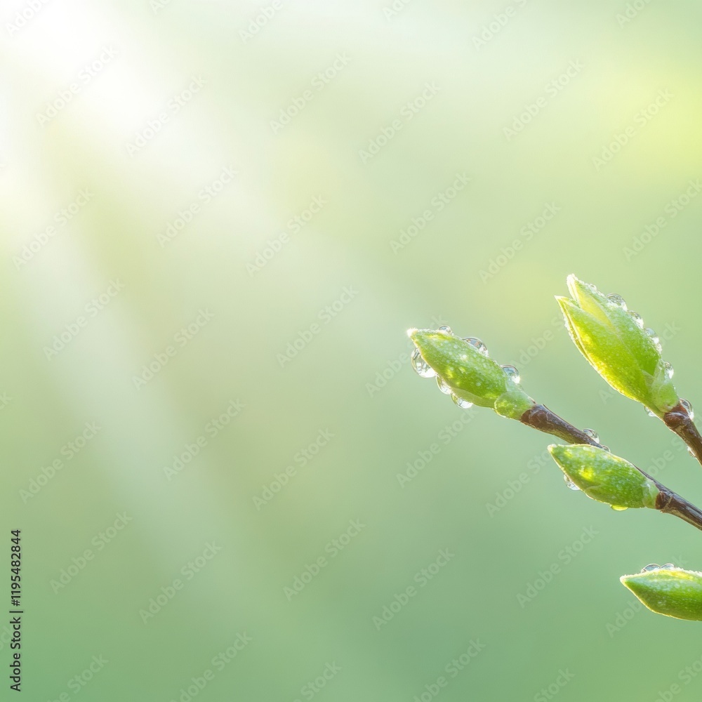 Poster fresh spring buds with dew drops illuminated by sunlight