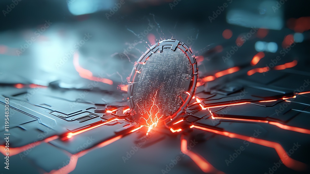 Poster glowing futuristic shield with cracked neon circuits innovative digital art concept featuring a lumi