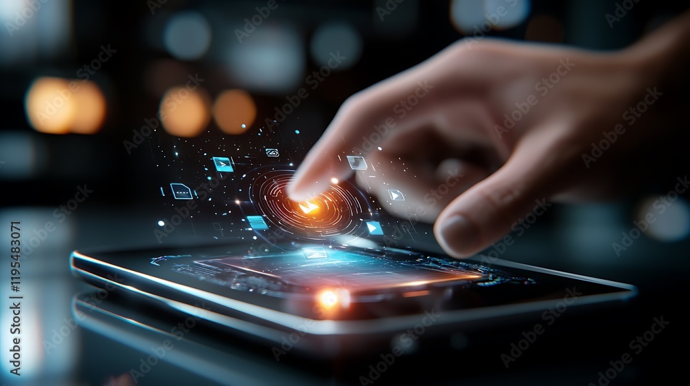 Poster glowing futuristic holographic interface showcasing a cloud based streaming platform that represents