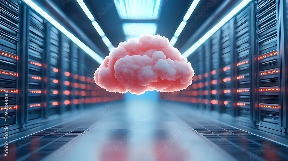 Poster glowing holographic cloud hovering amid a dynamic futuristic server rack corridor with blue and red 