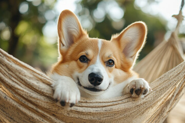 Corgi Resting Peacefully on Hammock in Nature