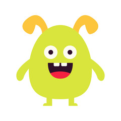 Cute green monster icon. Happy Halloween. Cartoon kawaii funny boo character. Colorful silhouette monsters. Funny face. Eyes, teeth ears, hands. Flat design. Childish style. White background. Vector