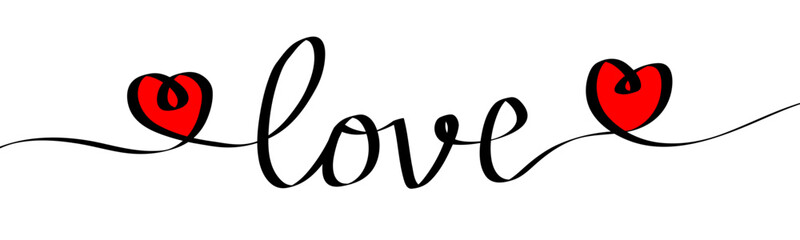 Hand drawn Love word One line style. Thread ribbon in shape of word Love. Two red hearts. Lettering for header, announcement, advertising, poster, banner. Flat design. White background Isolated Vector