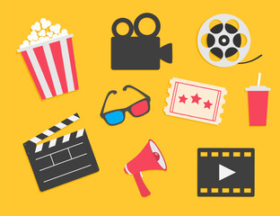 Cinema icon set. Popcorn box Movie reel Open clapper board Ticket Admit one three stars. Soda glass straw, camera, 3d glass, loud speaker, film strip. Simple Flat design. Yellow background. Vector