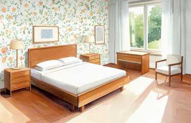serene bedroom featuring vintage floral wallpaper, wooden furniture, and natural light. warm tones create cozy atmosphere