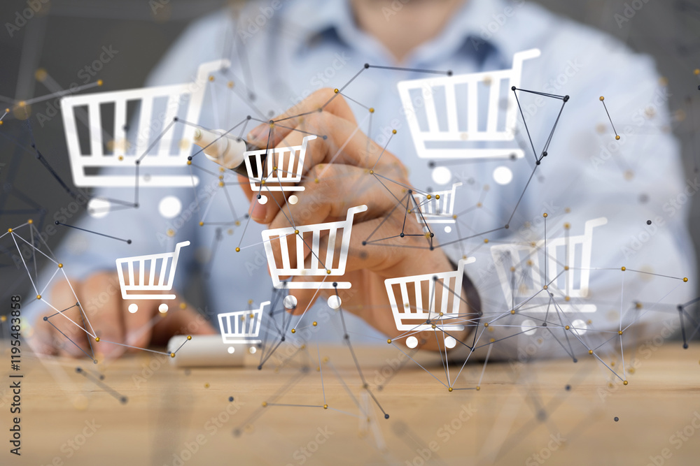 Poster shopping cart flat design e-commerce icon - neural network exposure digital