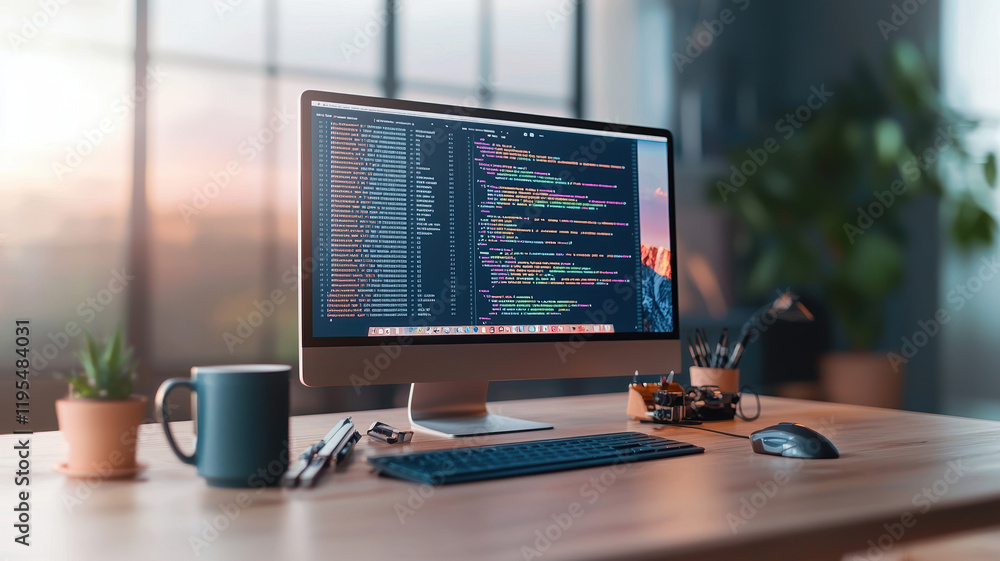 Poster modern programmer desk featuring computer displaying colorful code, coffee mug, and various tools. w