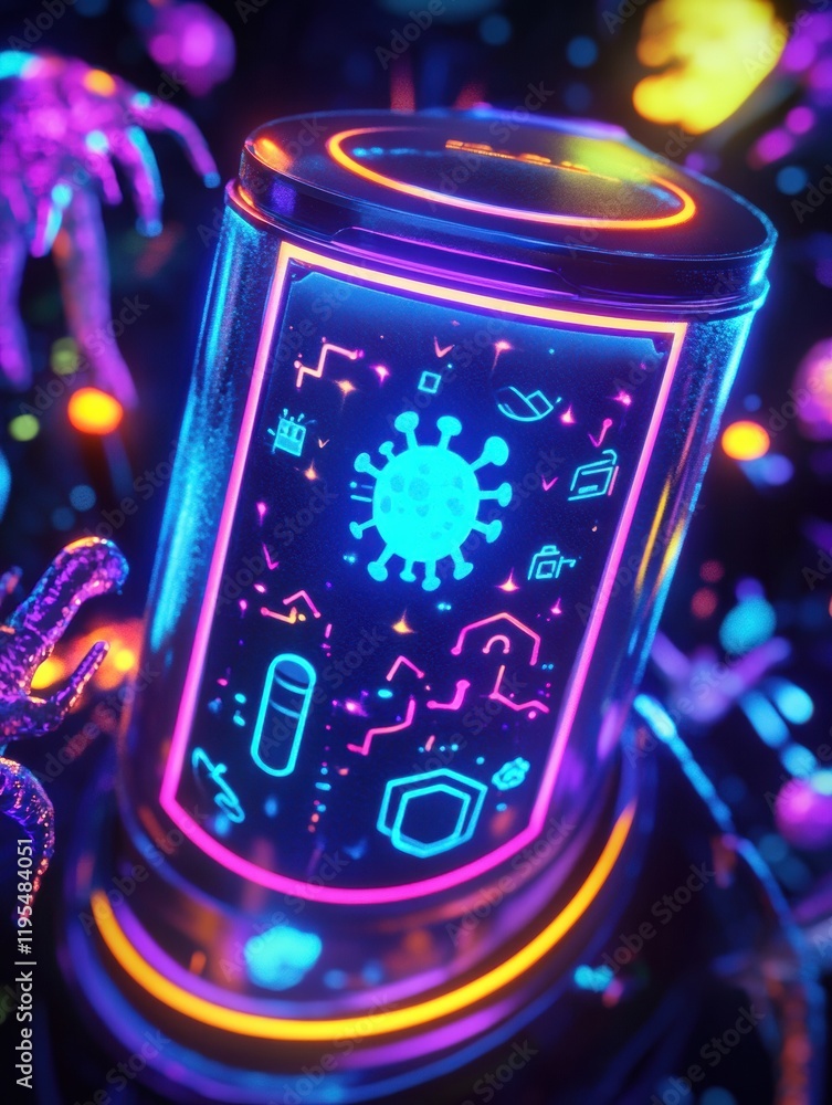 Poster innovative shield technology protects against harmful microbes in a vibrant neon setting. generative