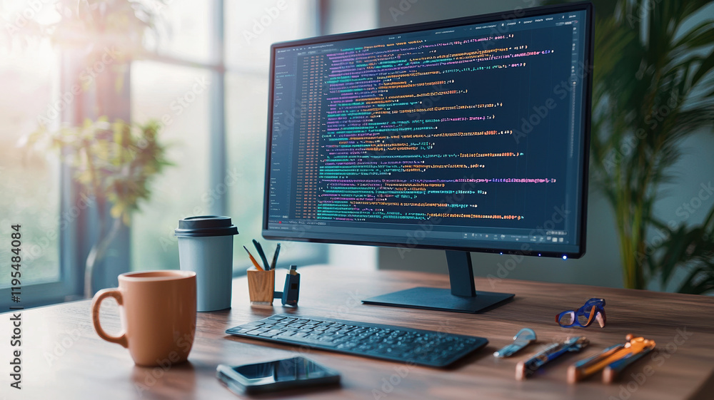 Poster closeup of programmer desk featuring computer monitor displaying colorful code, coffee cup, and vari