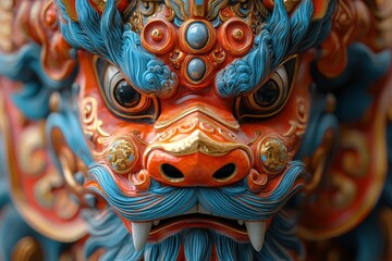 Obraz premium Vividly Colored Guardian Lion Sculpture with Intricate Details and Traditional Patterns Capturing Cultural Heritage and Artistic Mastery