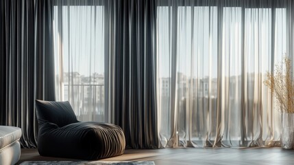 A luxurious penthouse with dual-layer curtains; the outer layer is sheer silver while the inner is matte charcoal black for complete privacy