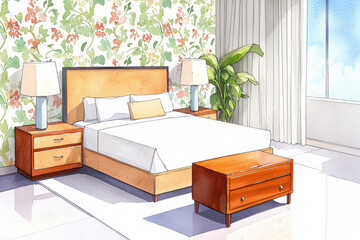 cozy bedroom featuring vintage floral wallpaper, wooden bed, and stylish lamps. bright atmosphere enhances relaxation and comfort