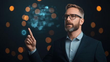 cybersecurity professional presenting innovative ideas with digital graphics. image captures focused man in suit, engaged in high tech environment, showcasing expertise