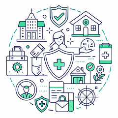 A collection of line icons representing various types of insurance, protection, and security, covering areas like health, travel, property, and personal safety with white background
