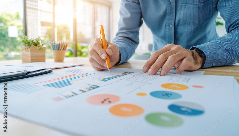 Poster financial planner analyzing charts and graphs while taking notes. workspace is bright and organized,