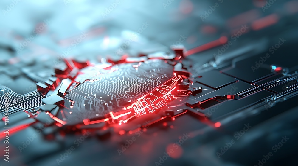 Poster glowing neon shield with cracked cyberpunk inspired circuits in a dynamic fractal like digital desig