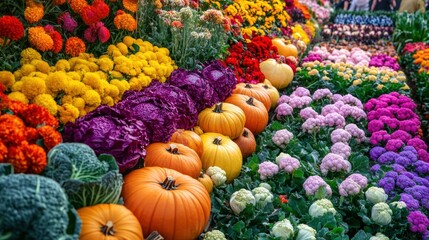 Lush vegetable garden showcasing vibrant rows of carrots, purple cabbages, and plump pumpkins during a sunny afternoon. Generative AI