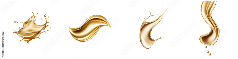 Poster a collection of elegant golden liquid shapes showcasing various flowing and splashing forms.
