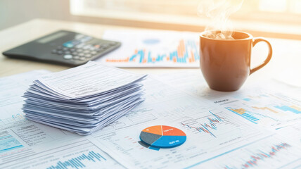 stack of completed tax forms on desk with calculator and coffee cup. scene conveys sense of organization and productivity in financial workspace