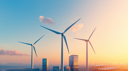 Obraz premium Sustainable cityscape featuring wind turbines and modern buildings at sunset, showcasing renewable energy and eco friendly architecture