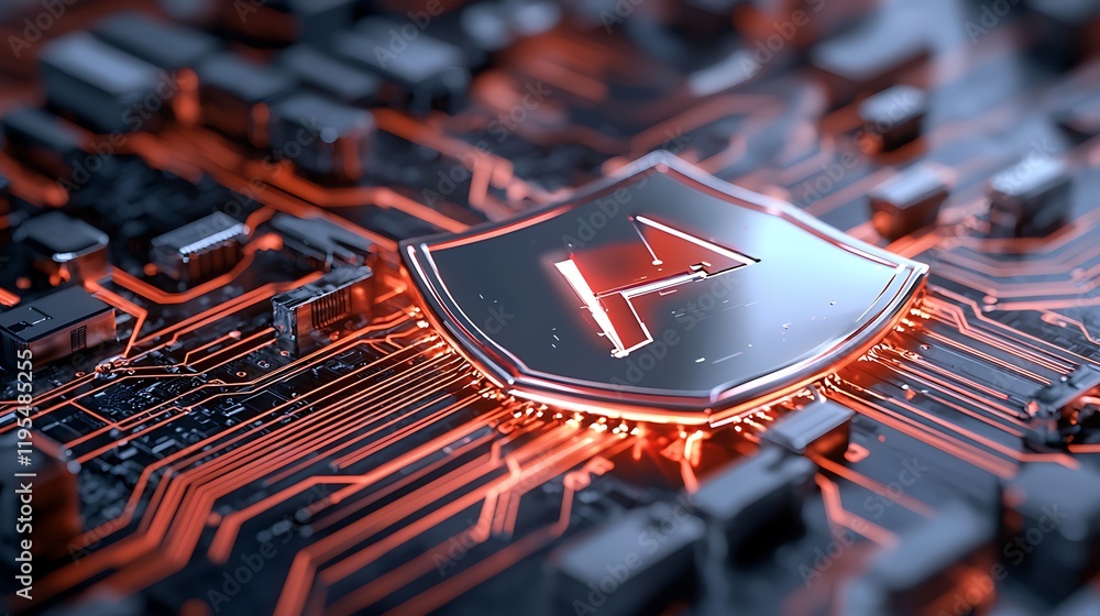 Poster glowing shield splitting with breach signals surrounding futuristic technology interface cybersecuri