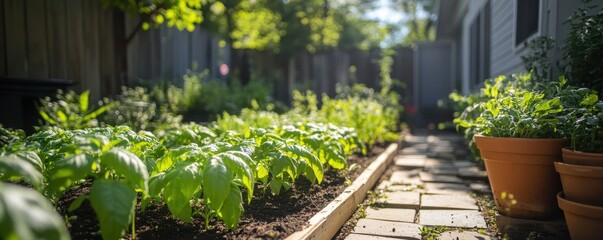 Lush backyard garden with vibrant vegetables and sunlit pathway