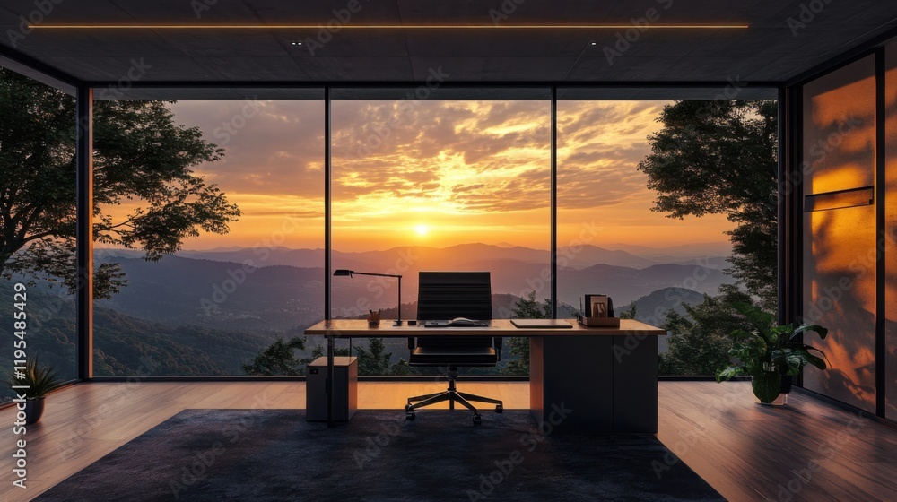 Poster a desk with a chair and a lamp in front of a window