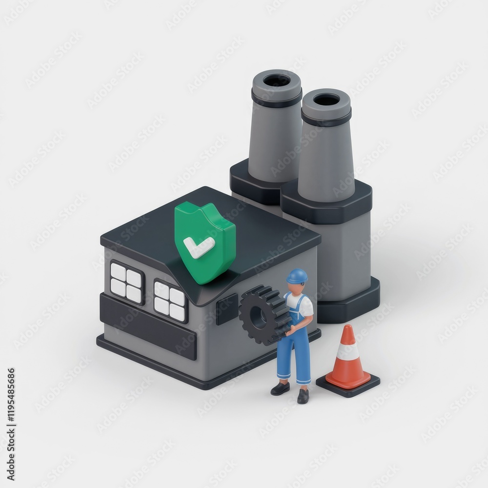Poster Secure factory with worker maintaining machinery, ensuring safety and efficiency.