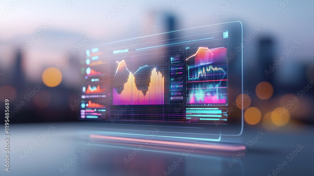 Poster energy analytics dashboard showcasing solar data with vibrant graphs and charts. futuristic design h